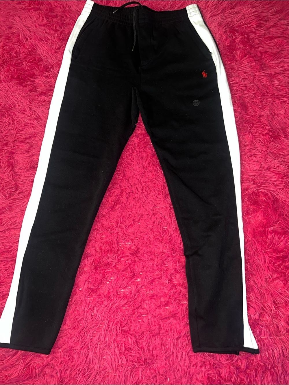 Polo by Ralph Lauren Black Track Pants with White Side Stripes and Red Logo